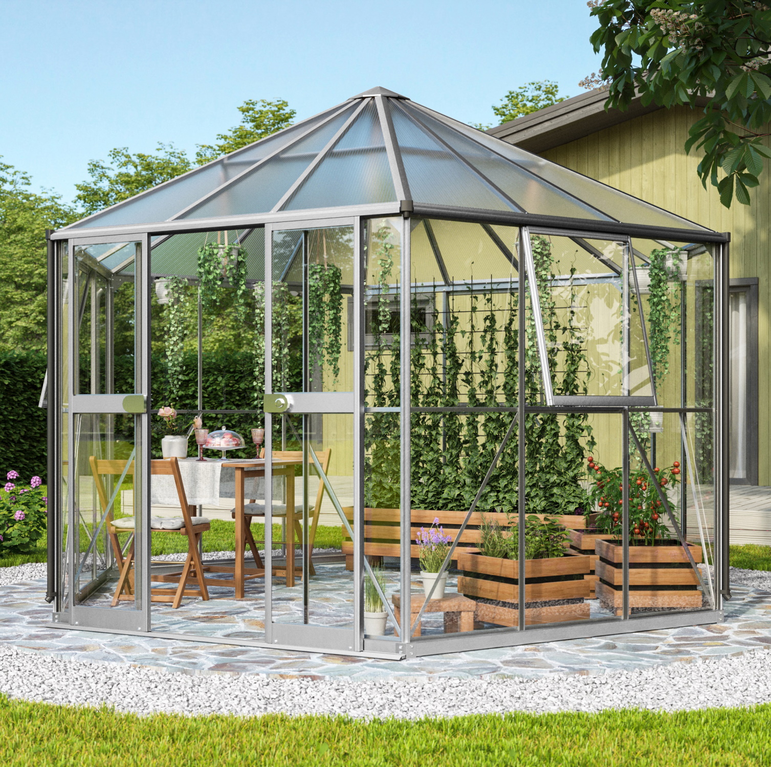 Vitavia Gewächshaus freistehend Pi 9000 inkl. 3 Seitenfenster Aluminium eloxiert