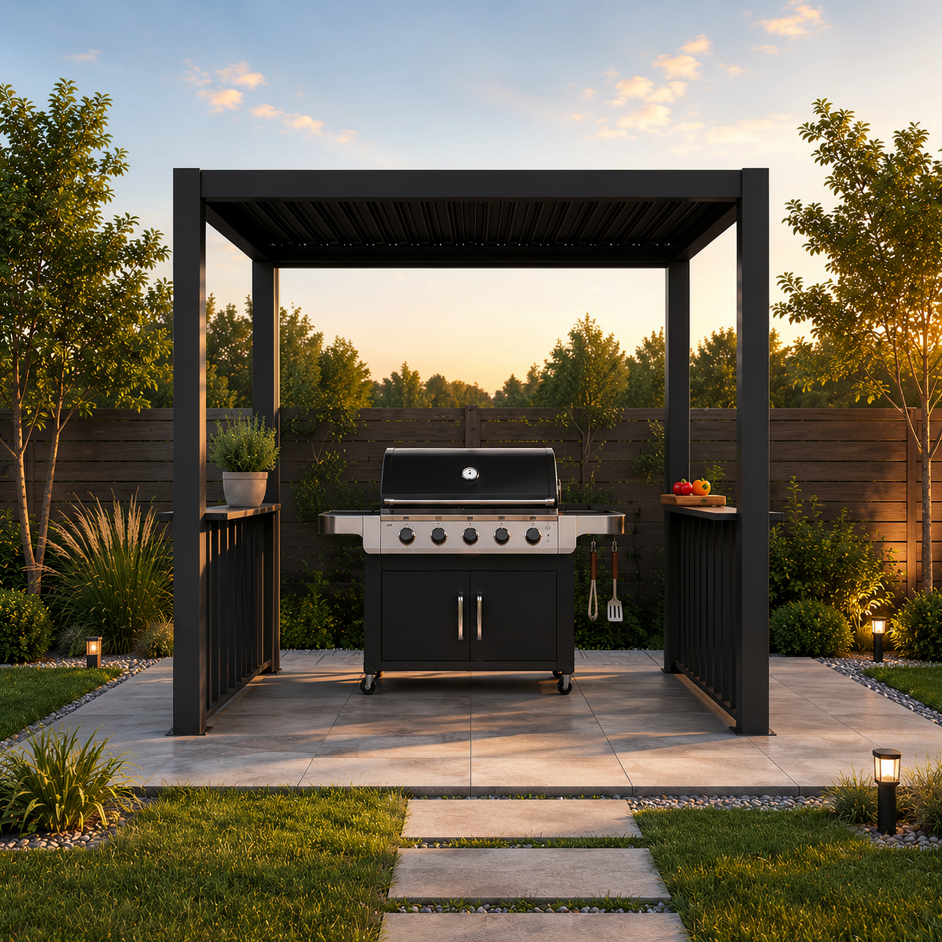 agadon Grillpergola BBQ 150 x 250 x 230 cm Dunkelgrau mit Ablage und Seitenelementen