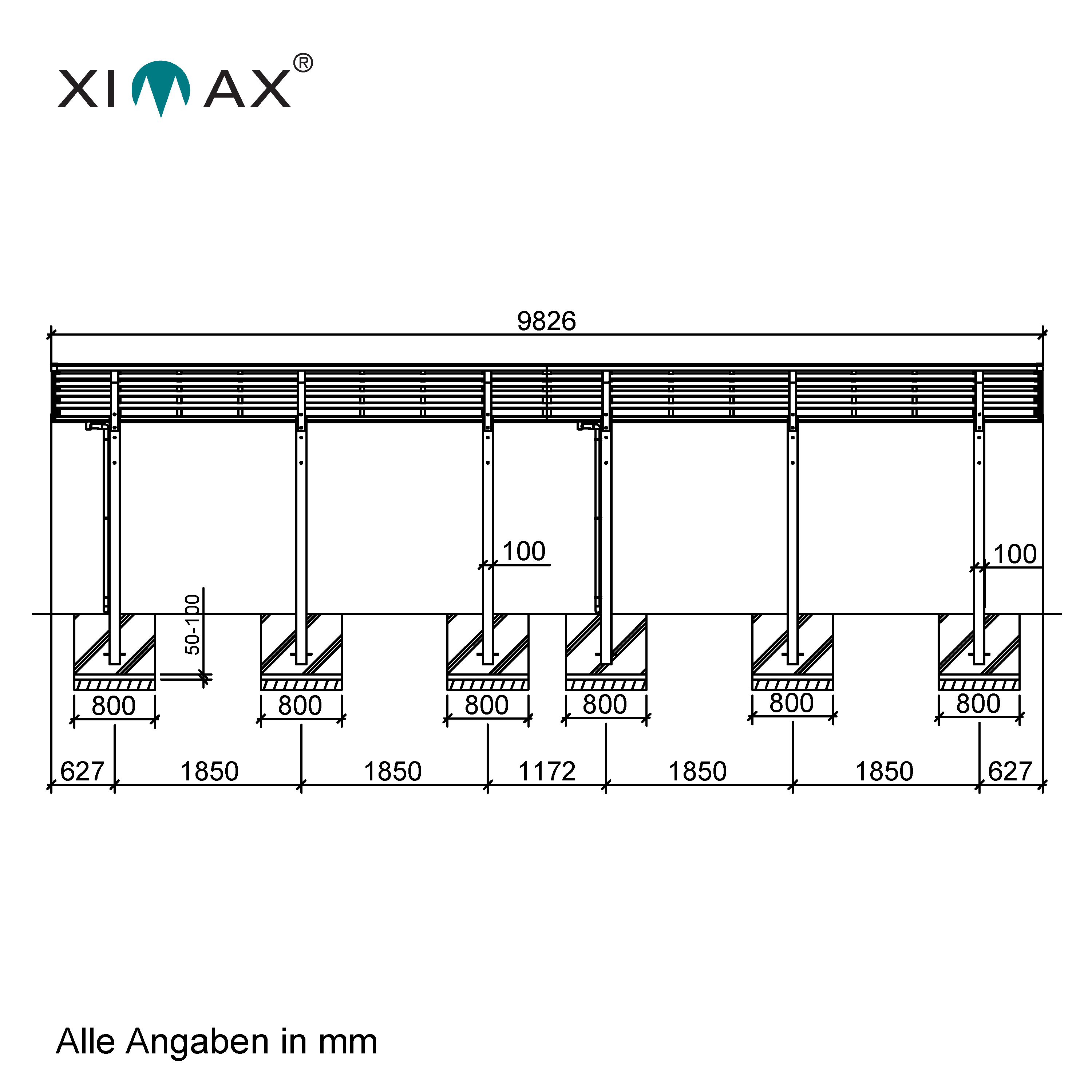 Ximax Carport Portoforte Typ 110 Tandem  982,6 x 270,4 cm 137 kg/qm Edelstahl-Look