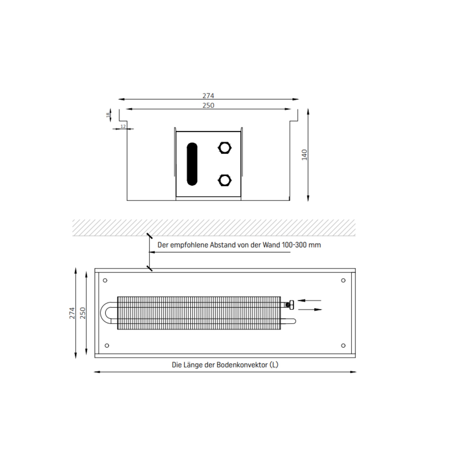 Bodenkonvektor Unterflurkonvektor Kanalhöhe 140 mm natürliche Konvektion