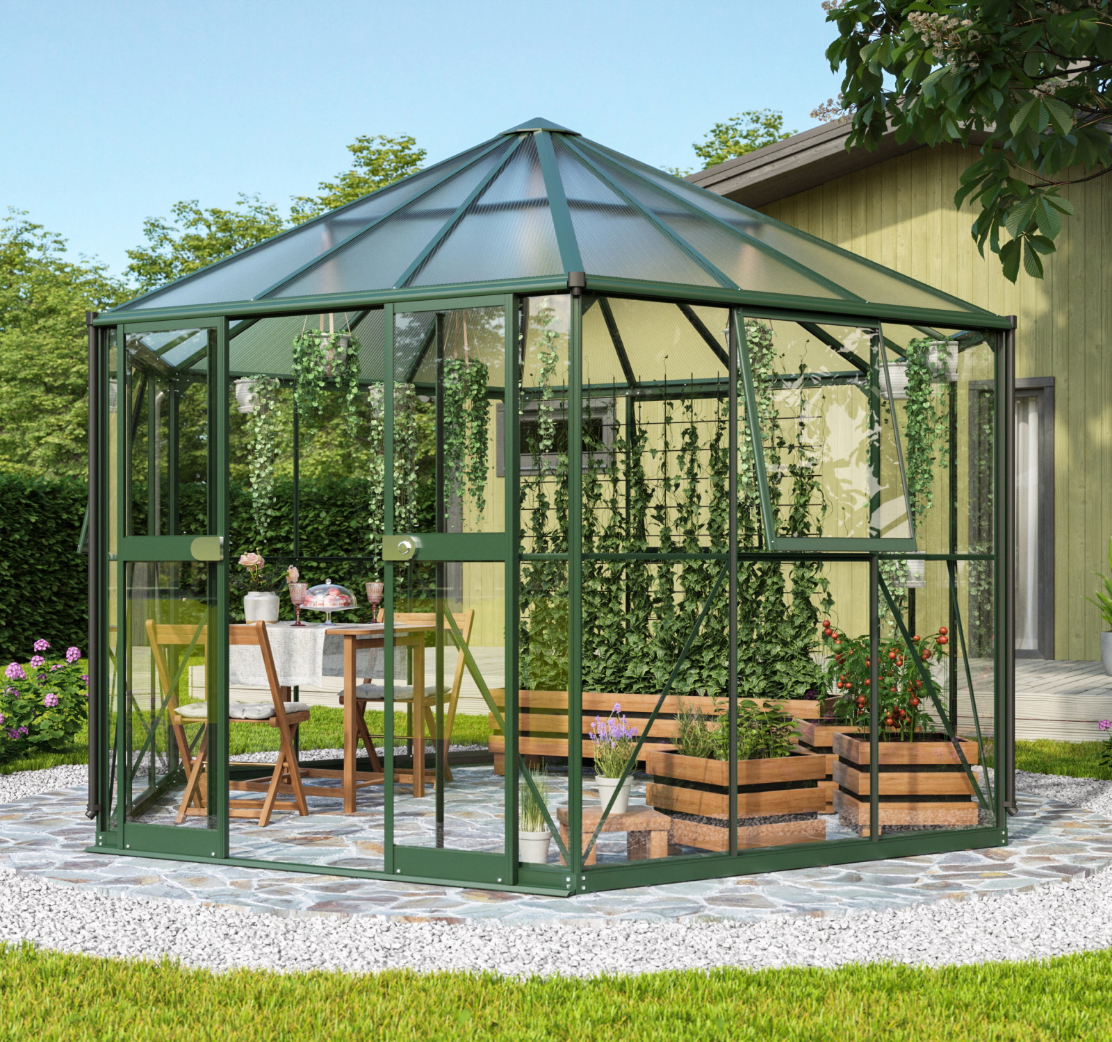 Vitavia Gewächshaus freistehend Pi 9000 inkl. 3 Seitenfenster Smaragd
