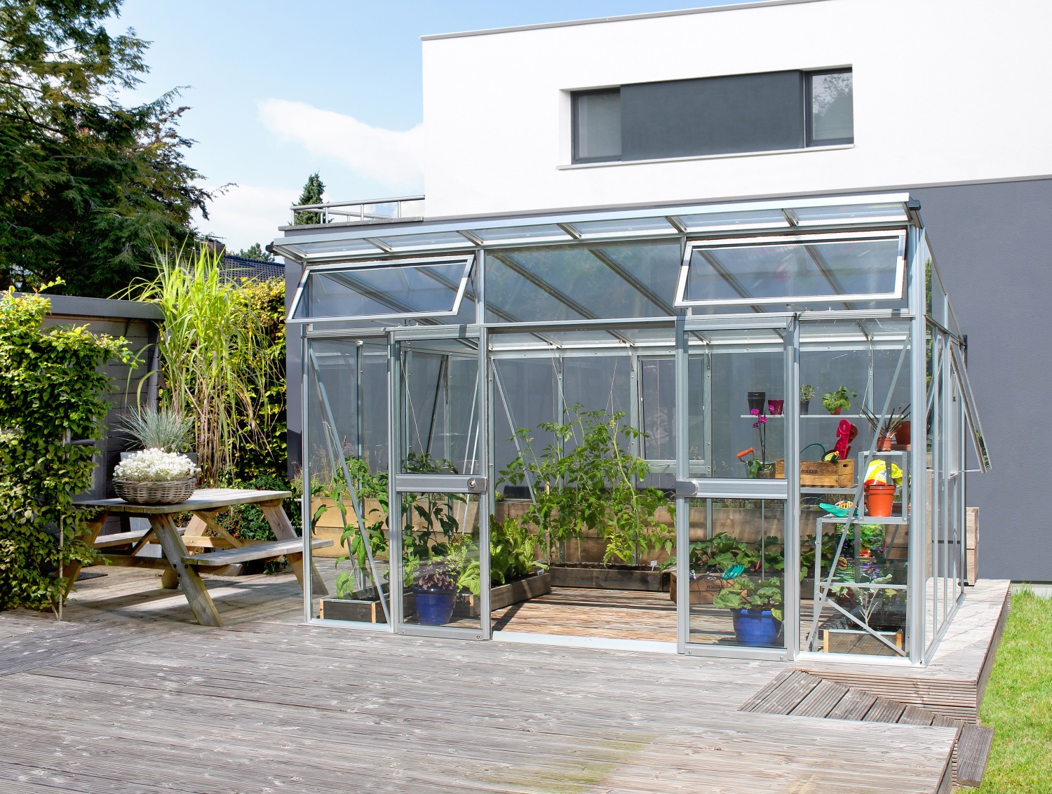 Vitavia Gewächshaus Aura 11500 ESG/Hohlkammerplatten 10 mm inkl. 5 Fenster, Aluminium eloxiert