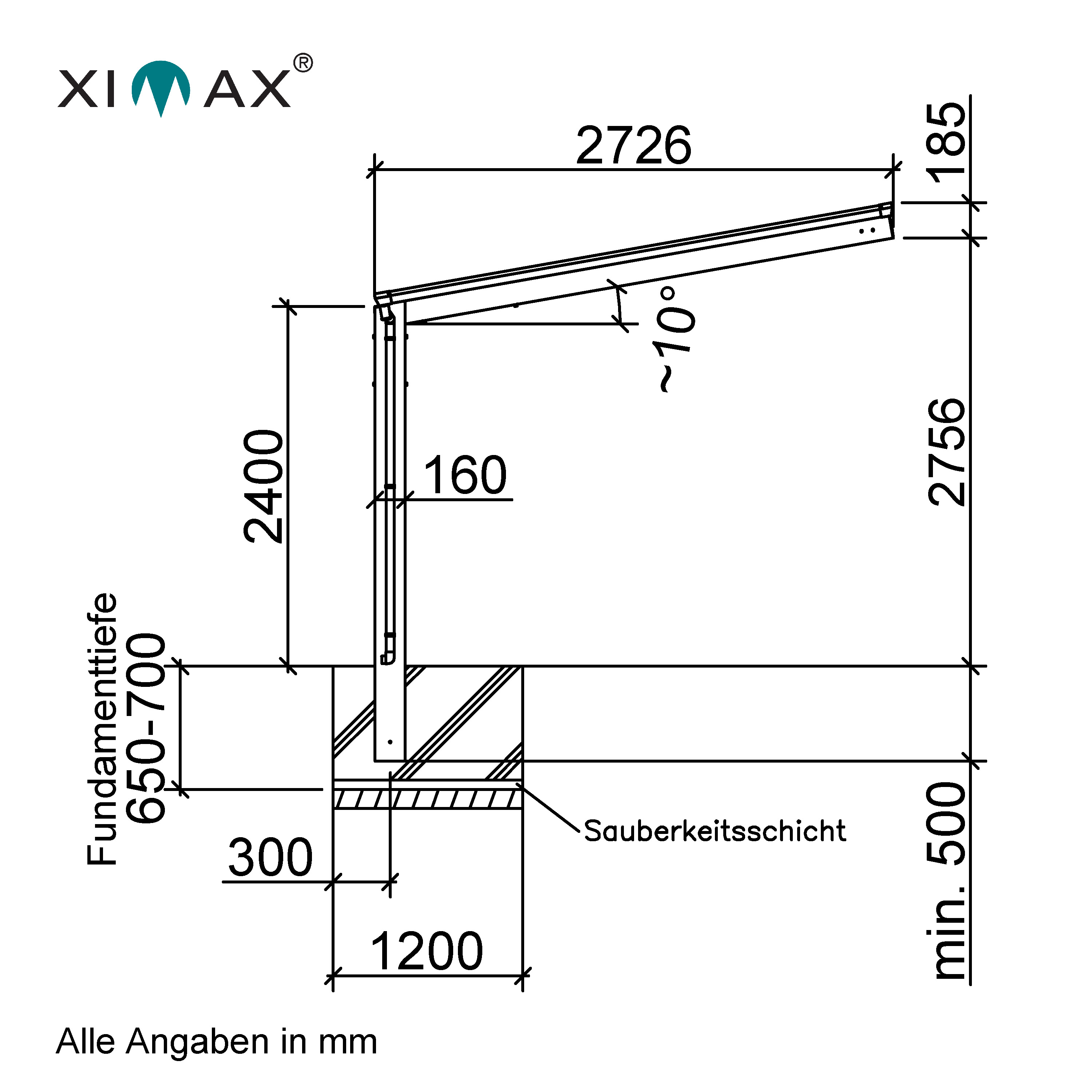 Ximax Carport Portoforte Typ 110 Tandem  982,6 x 270,4 cm 137 kg/qm Edelstahl-Look