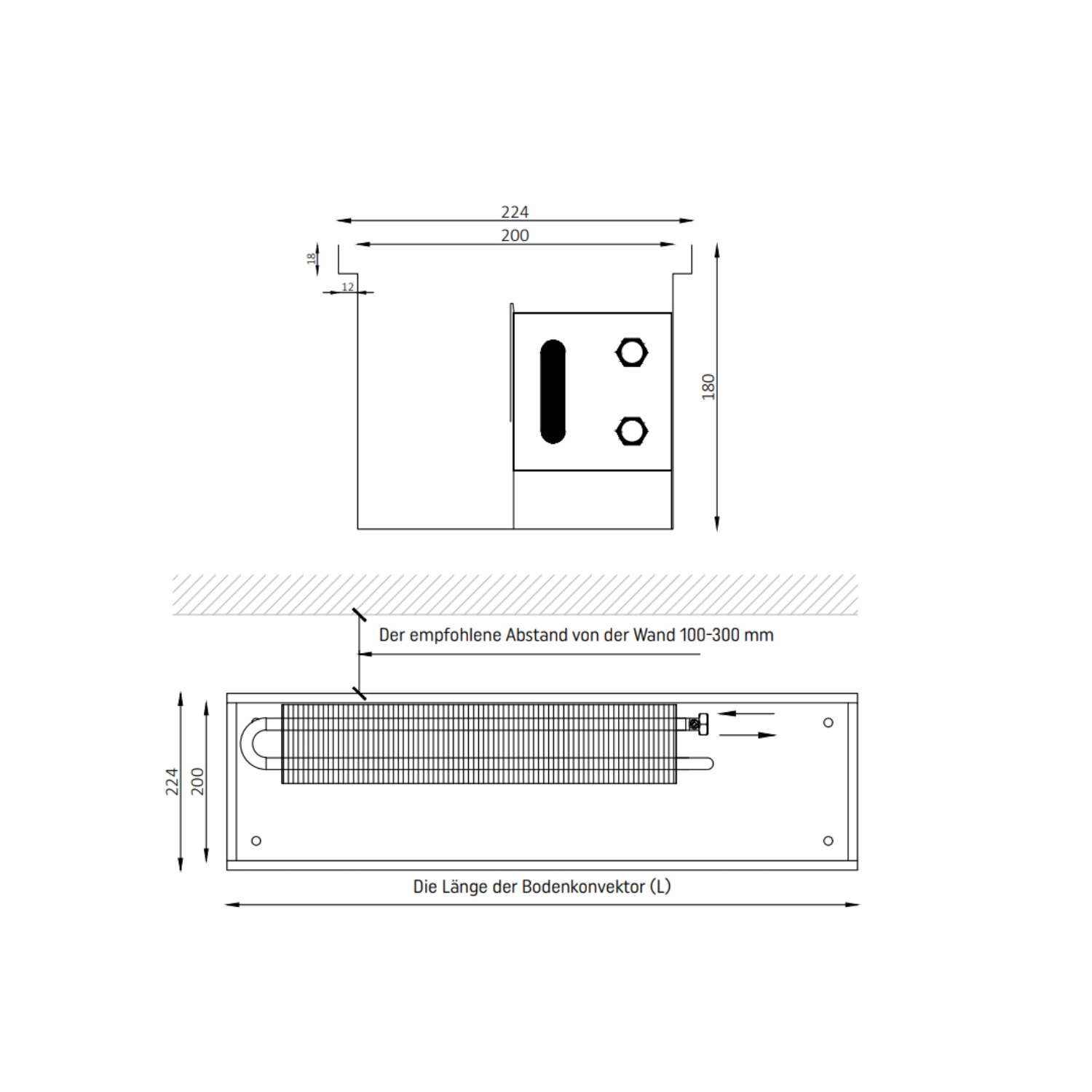 Bodenkonvektor Unterflurkonvektor Kanalhöhe 180 mm natürliche Konvektion