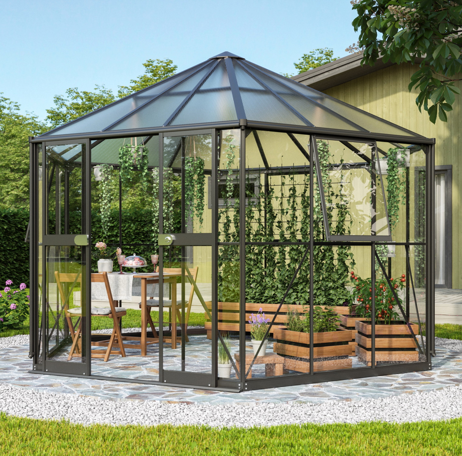 Vitavia Gewächshaus freistehend Pi 9000 inkl. 3 Seitenfenster Schwarz
