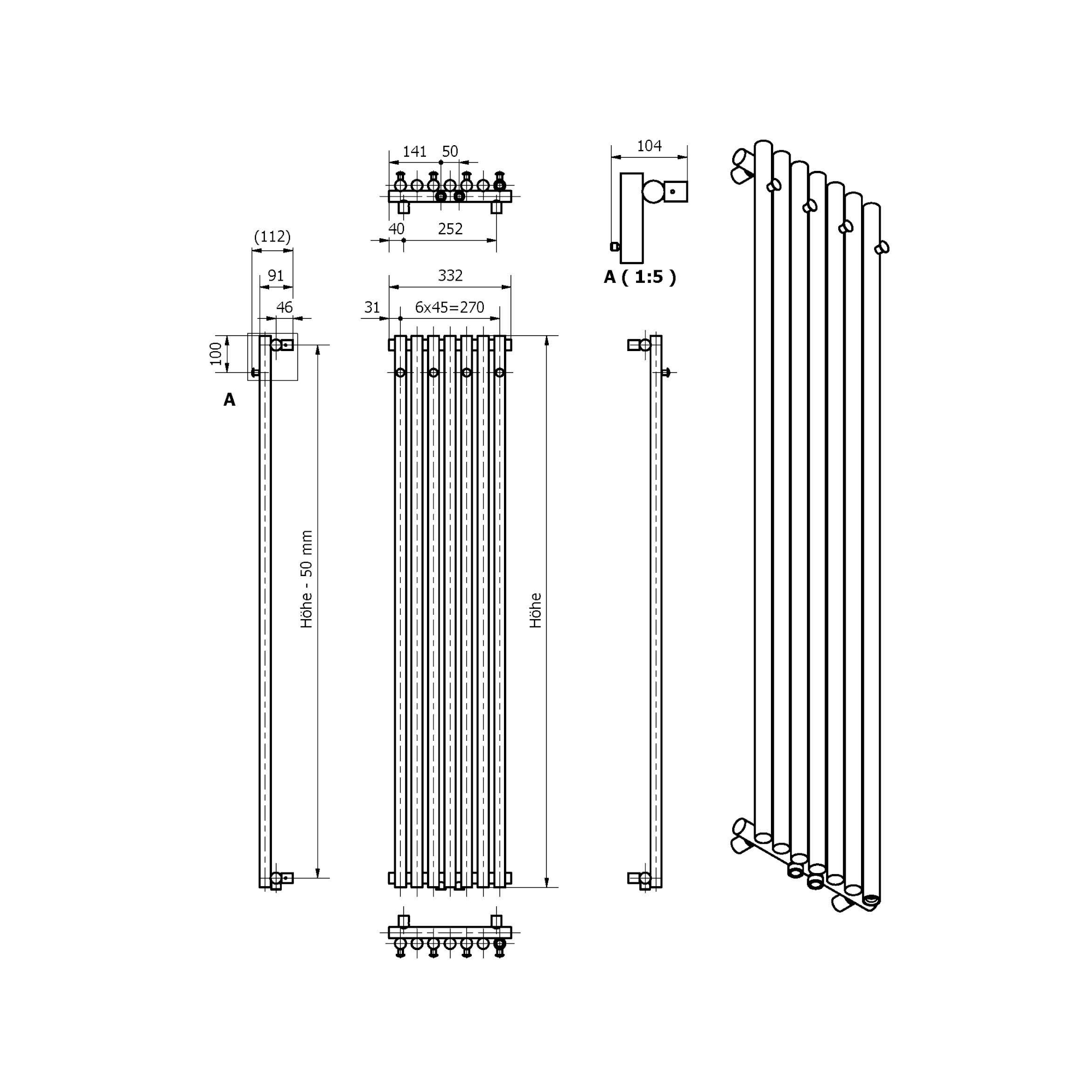 agadon Talon Garderobenheizkörper vertikal mit 4 Kleiderhaken, 1500 × 332 mm, Weiß, 607 W, Mittelanschluss