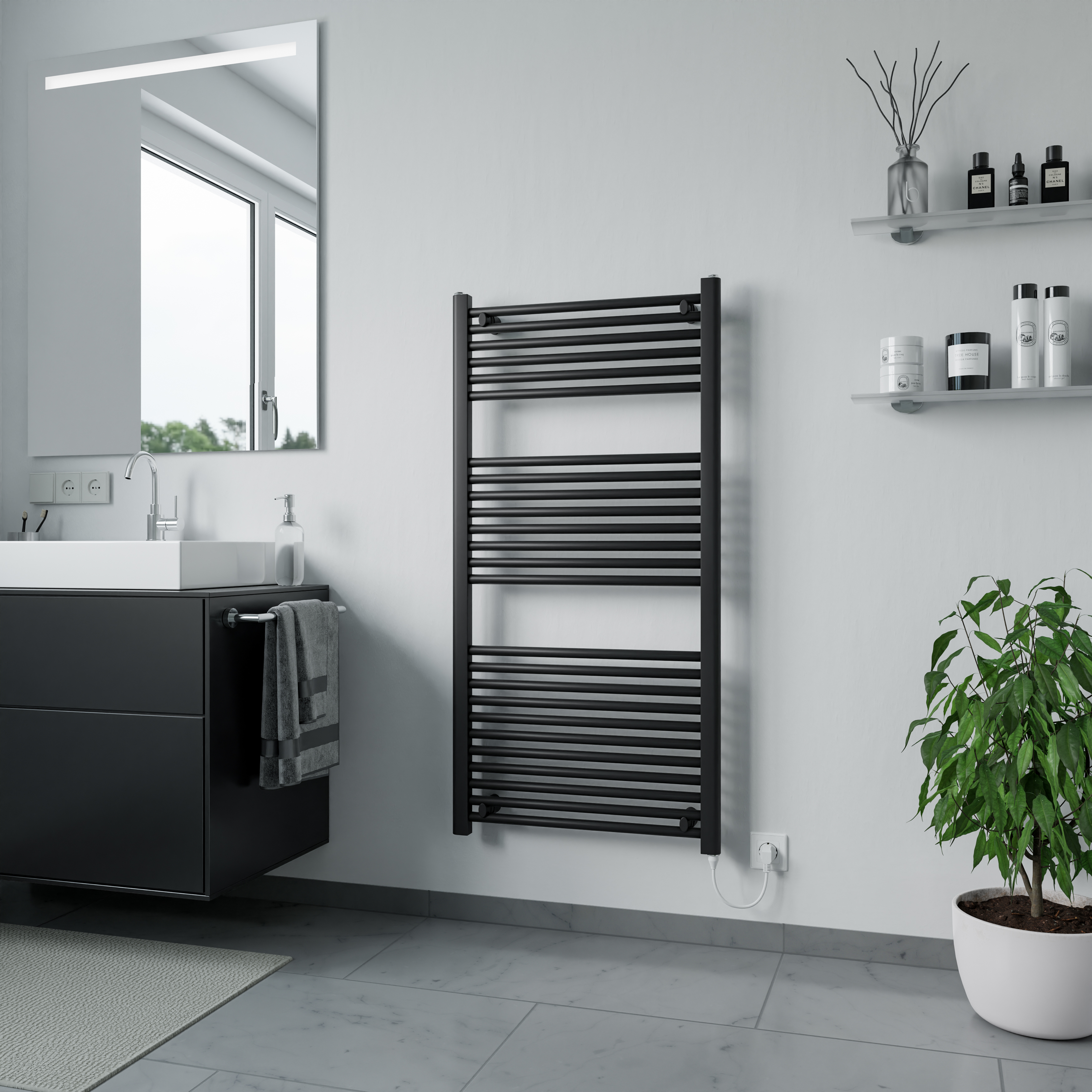 AZUR Elektrischer Handtuchwärmer Kitty, 1200 x 600 mm, Schwarz matt, 600 Watt, inkl. Heizstab Typ 1