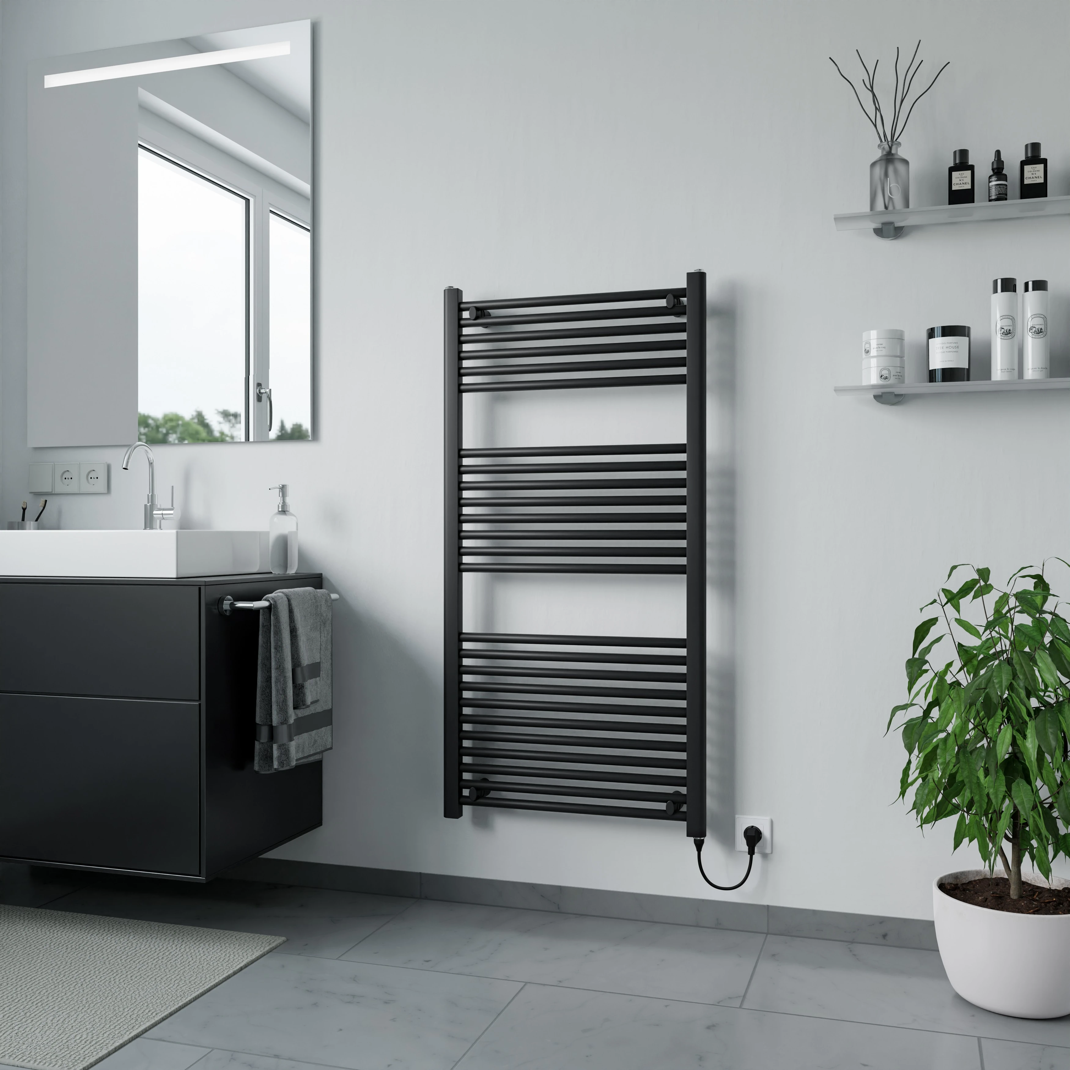 AZUR Elektrischer Handtuchwärmer Kitty, 1200 x 600 mm, Schwarz matt, 600 Watt, inkl. Heizstab Typ 1