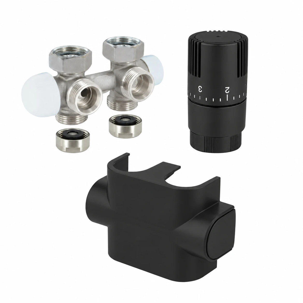 XIMAX Mittenanschlussgarnitur Multiblock für 50 mm Mittelanschluss, Eck- & Durchgangsform, inkl. Thermostatkopf & Blende, Schwarz